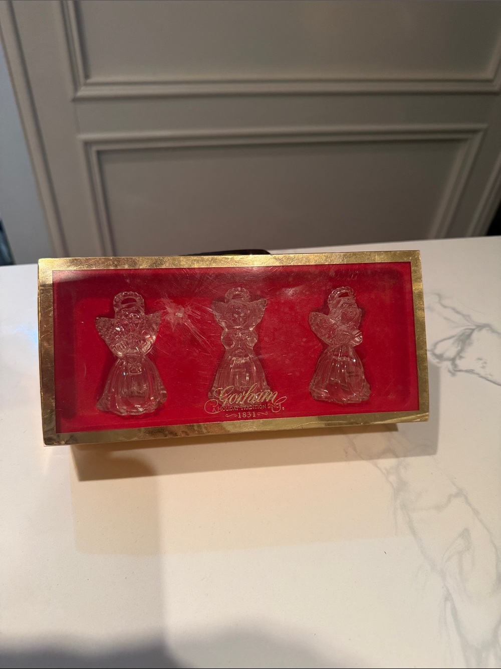 Gorham Set of 3 Crystal Angel Ornaments  on Red Velvet Backing